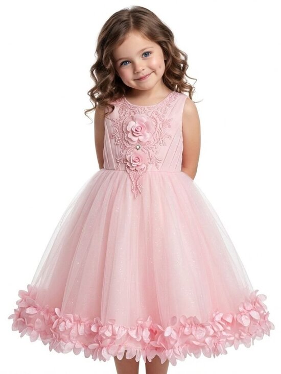 None Other - Girls Pink Party Dress Floral Embroidered Tulle Flower Petal Hem Birthday